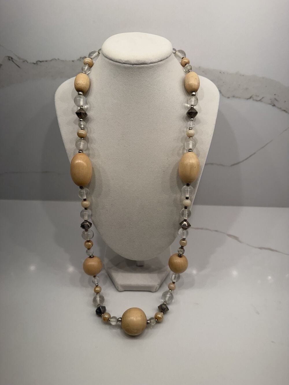 Sanghvi India Long Wood Glass Beaded Necklace Silver Tone Boho Artisan